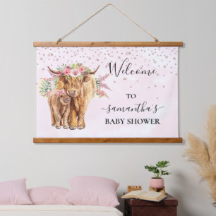 Tapisserie Suspendue Baby shower Highland Cow Rose Calf Signal Bienvenu