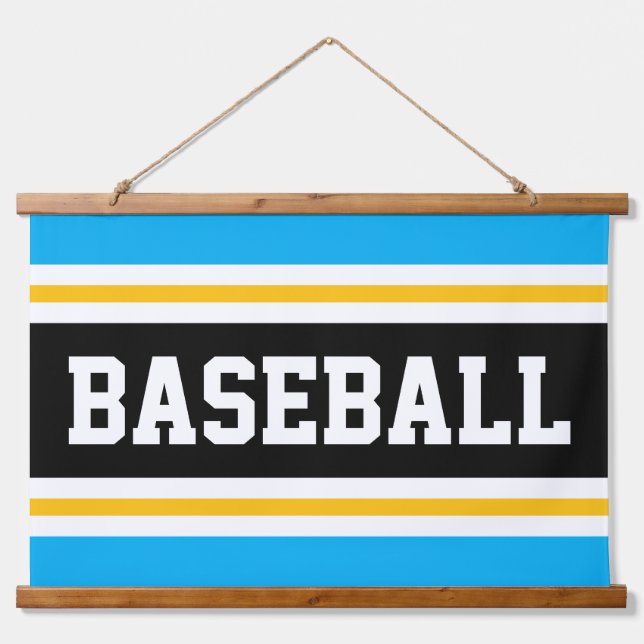 Tapisserie Suspendue BASEBALL bleu azur noir jaune blanc rayures (Devant)