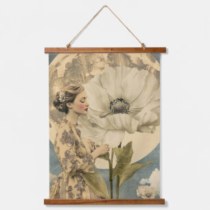 Tapisserie Suspendue Beauté Lune - Femme avec Fleur Blanche et Lune