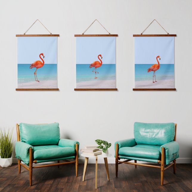 Tapisserie Suspendue Beaux Flamants roses sur la plage (Salon)