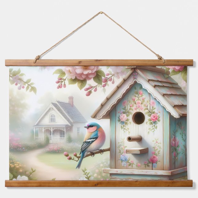 Tapisserie Suspendue Birdhouse Printemps Avec Fleurs Pastel Et Oiseaux (Devant)