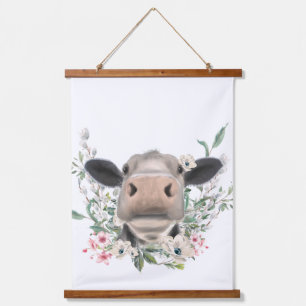 Tapisserie Suspendue bisou de nez de vache fleurs aquarelle gris animal