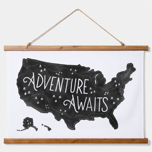 Tapisserie Suspendue Black Adventure Attend US Map Kids Room Decor (Devant)