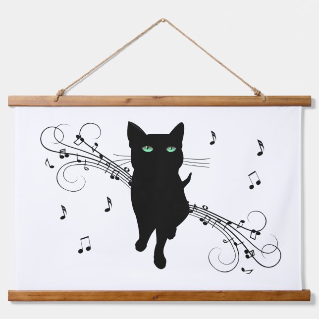 Tapisserie Suspendue Black Cat Surrounded by Whispering Notes of Music (Devant)