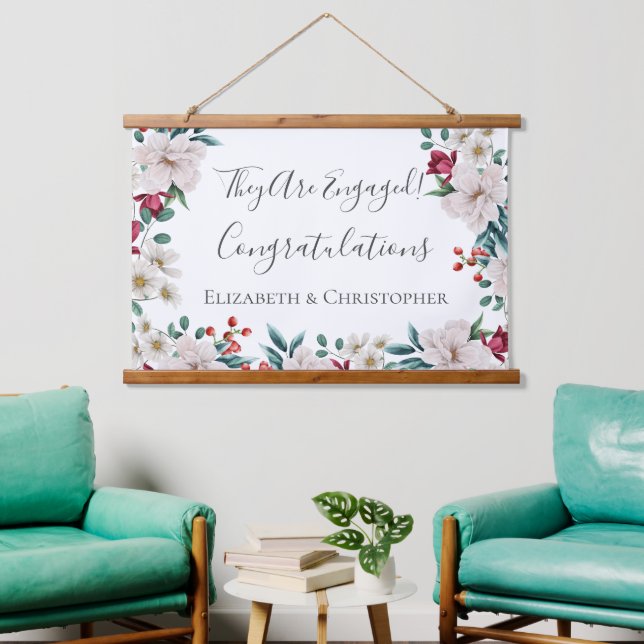 Tapisserie Suspendue Blanc Rose Foncé Rouge Floral Feuillage Engagement (Salon)