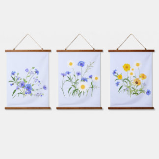 Tapisserie Suspendue Bleu botanique Blanc Jaune Fleur sauvage
