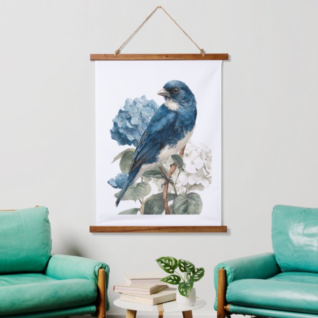 Tapisserie Suspendue Blue Bird Hydrangeas Watercolor Florals Flowers (Salon)