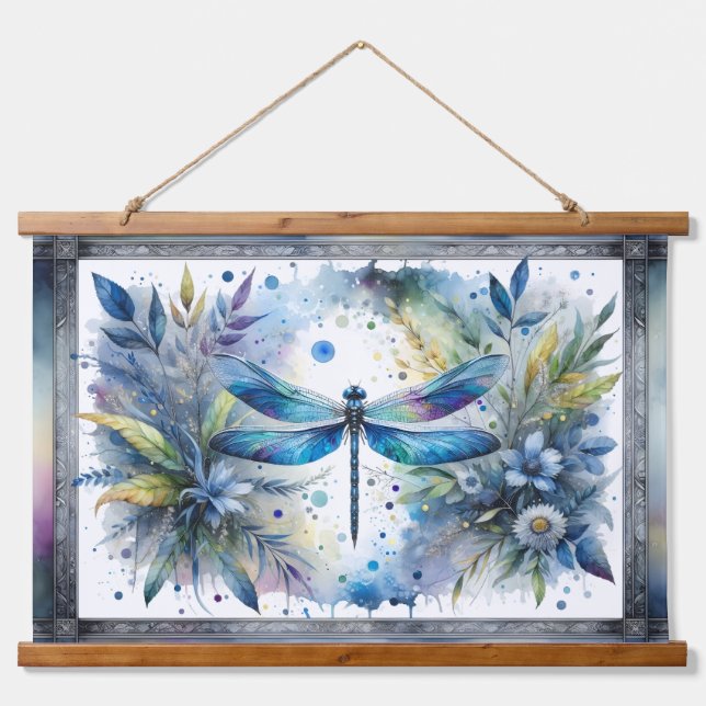 Tapisserie Suspendue Blue Dragonfly Botanical Watercolor (Devant)