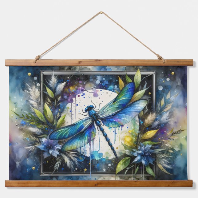 Tapisserie Suspendue Blue Dragonfly Watercolor Botanical (Devant)