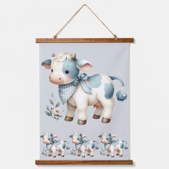 Tapisserie Suspendue Blue Gingham Baby Cow Pastel Farm Aesthetic (Recto)