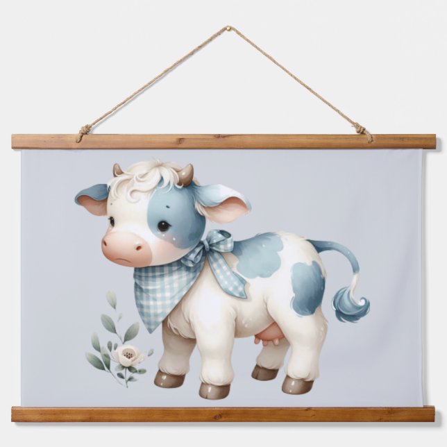 Tapisserie Suspendue Blue Gingham Baby Cow Pastel Farm Aesthetic (Devant)