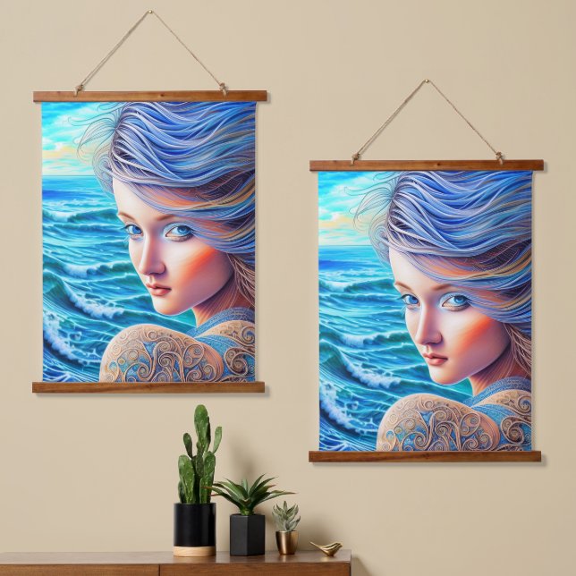 Tapisserie Suspendue Blue Girl Ocean Waves Imaginaire fine oeuvre d'art (Asymétrique)