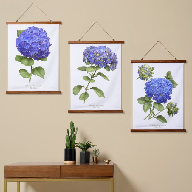 Tapisserie Suspendue Blue Hydrangeas Fleurs Jeu d'Art Botanique de 3 (Asymétrique)