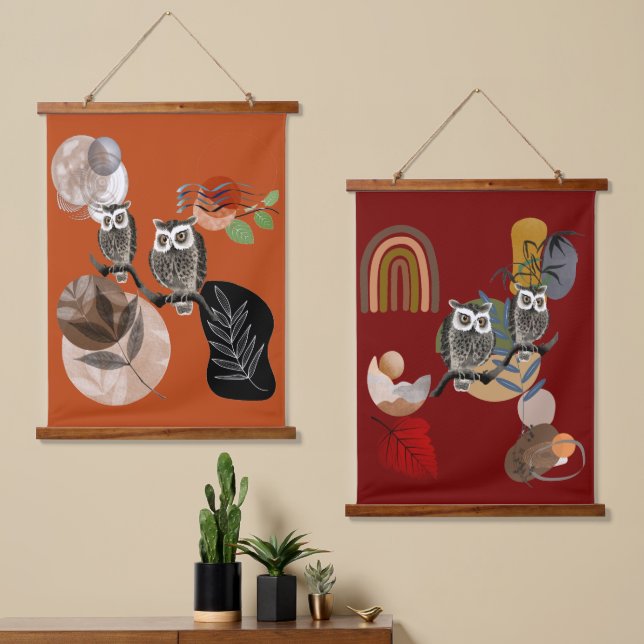 Tapisserie Suspendue Boho Bohemian Art Moderne Chouettes Nature Oiseaux (Asymétrique)