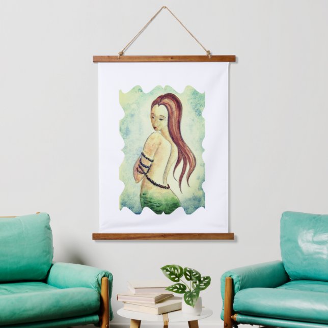 Tapisserie Suspendue Boho Mermaid Aquarelle Vert (Salon)