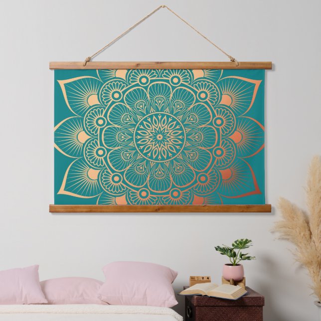 Tapisserie Suspendue Boho Peach Turquoise Mandala Bois haché (Chambre à coucher)