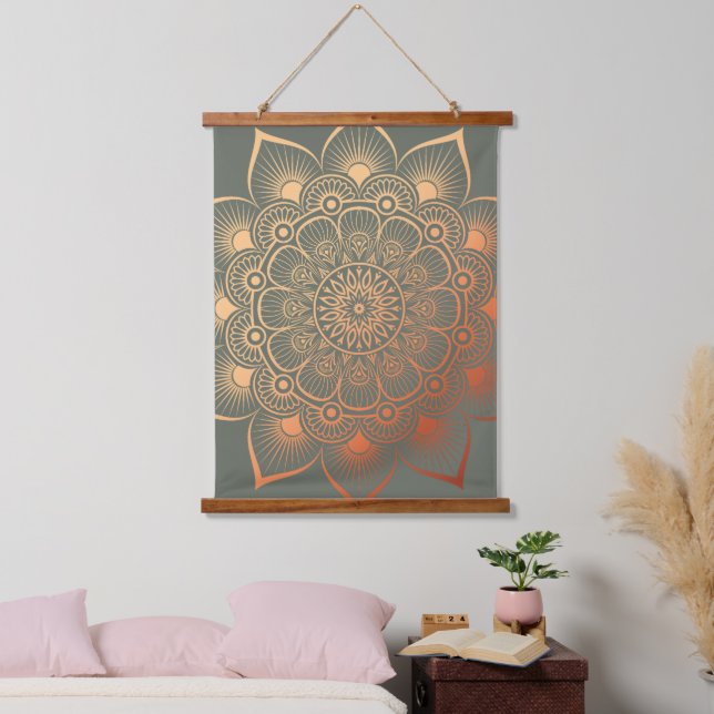 Tapisserie Suspendue Boho Sage Green Peach Mandala Wood Tourné (Chambre à coucher)
