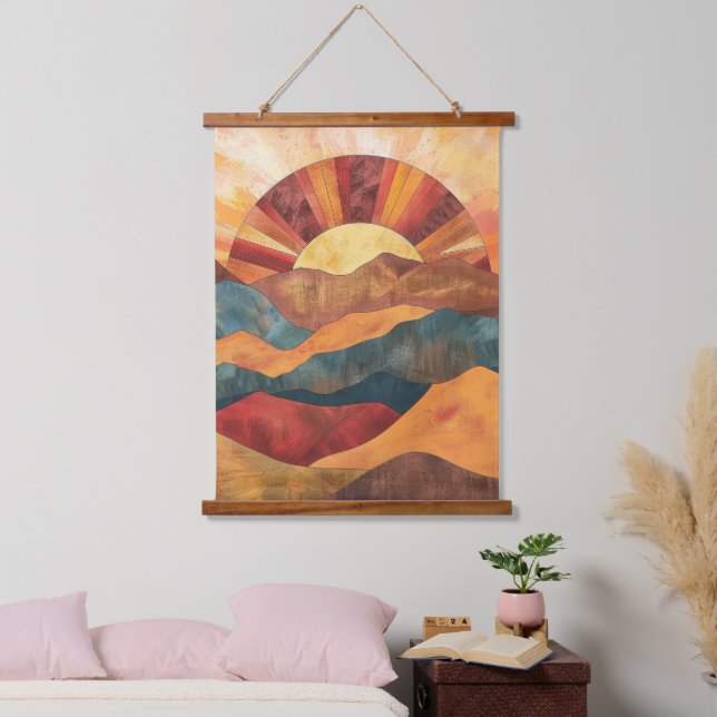 Tapisserie Suspendue Boho Sunset Over Mountains - Paysage Rétro (Chambre à coucher)