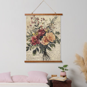 Tapisserie Suspendue Bouquet de roses vintage pêche cramoisi
