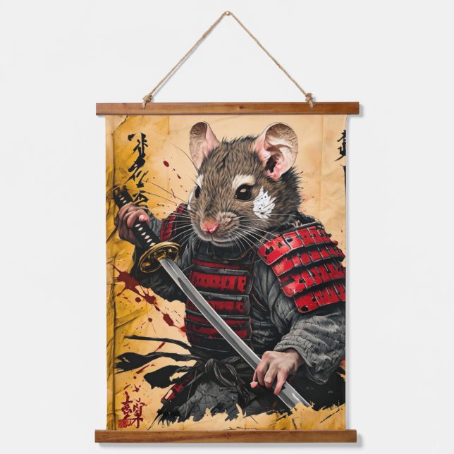Tapisserie Suspendue Brave Souris Samurai Guerrier - Style Encre Japona (Recto)