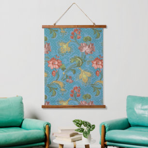 Tapisserie Suspendue Broderie dorée à motif floral en damas bleu antiqu