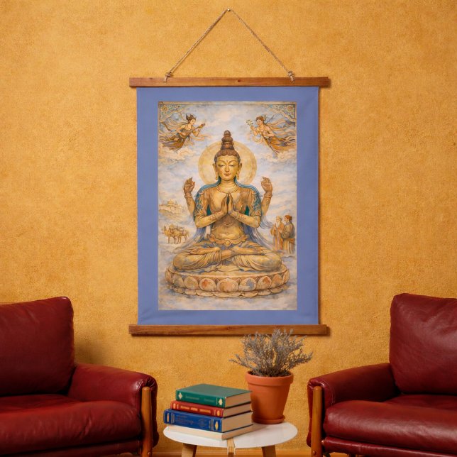 Tapisserie Suspendue Buddhist Bodhisattva Tang Dynasty Style (Buddhist bodhisattva art tapestry shown in situ in modern study reading area)