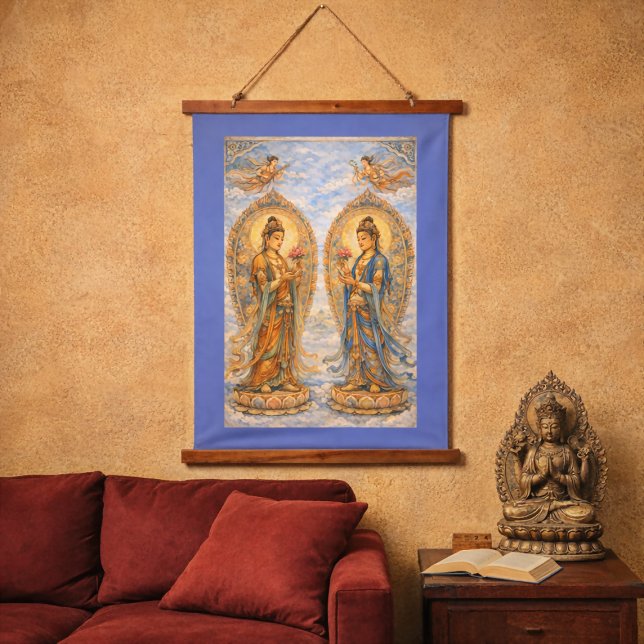 Tapisserie Suspendue Buddhist Bodhisattvas Tang Dynasty Silk Road Era (Tang dynasty style Buddhist bodhisattvas art tapestry in situ in modern living room)