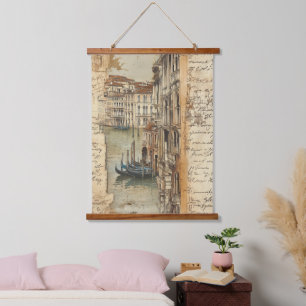 Tapisserie Suspendue Canal vintage de Venise avec script manuscrit
