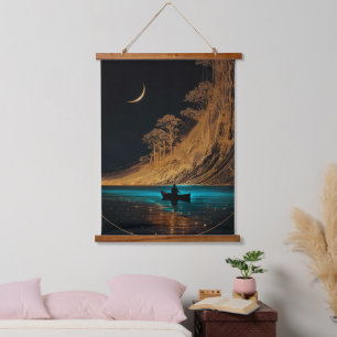 Tapisserie Suspendue Canot en bois et lune croissant, eau bleu vif