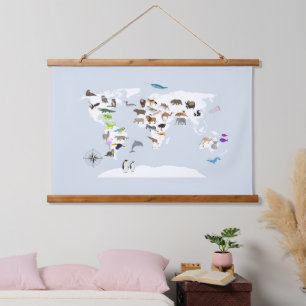 Tapisserie Suspendue Carte du monde pour enfants Animaux