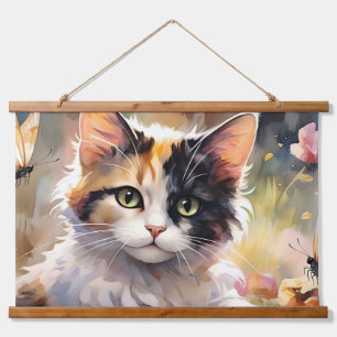 Tapisserie Suspendue Chat calico et papillons dans un jardin printanier