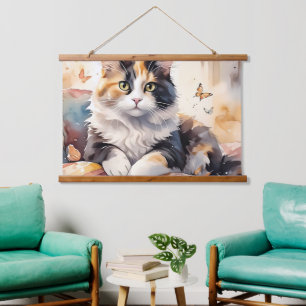 Tapisserie Suspendue Chat calicot aquarelle fantaisiste et papillons