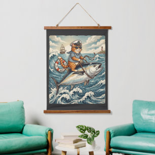Tapisserie Suspendue Chat de marin drôle chevauchant un poisson Thon Vi