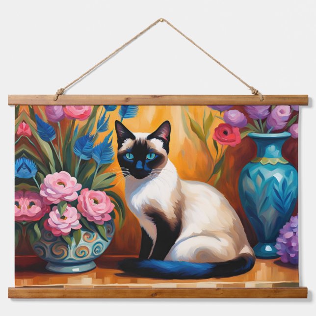 Tapisserie Suspendue Chat et bouquets siamois dans Vases aquarelle (Devant)