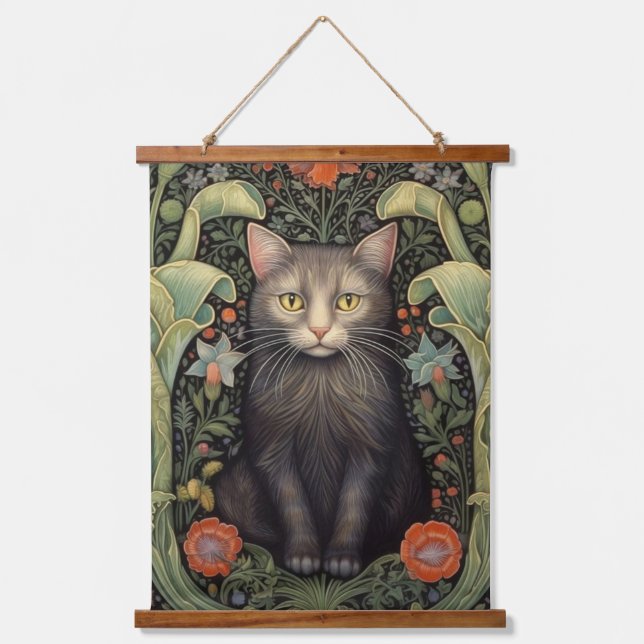 Tapisserie Suspendue Chat noir Art nouveau et fleurs rouges (Recto)