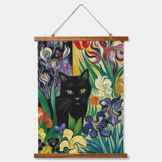 Tapisserie Suspendue Chat Noir Avec Irises (Recto)