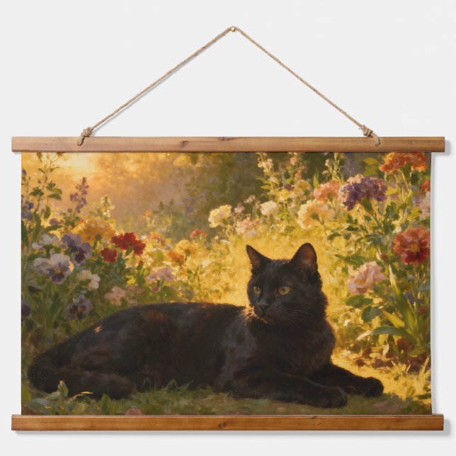Tapisserie Suspendue Chat noir dans les fleurs I (Devant)