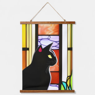 Tapisserie Suspendue Chat noir devant la fenêtre en verre tendu