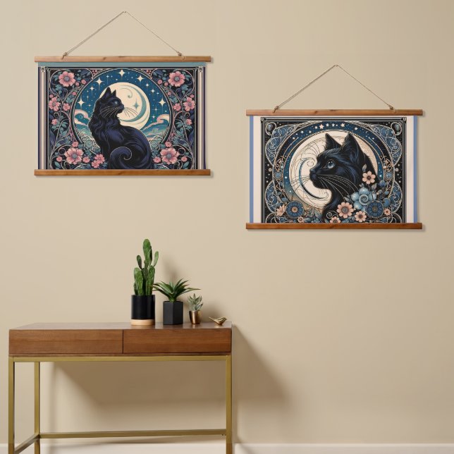 Tapisserie Suspendue Chat noir mystique avec lune et fleurs (Asymétrique)