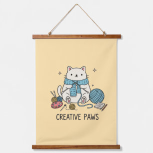 Tapisserie Suspendue Chat Tricot Mignon Écharpe Bleue Décor Jaune Paste