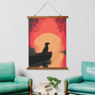 Tapisserie Suspendue Chien noir minimaliste du coucher du soleil
