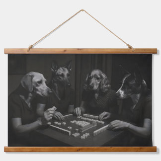 Tapisserie Suspendue Chiens noirs et blancs jouant au Mahjong