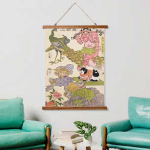 Tapisserie Suspendue Chinoiserie Oni Paon Chat & Imprimé Pivoine