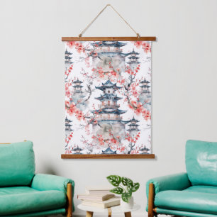 Tapisserie Suspendue Chinoiserie Pagode Bleue Fleur Rose Florale