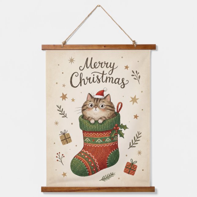 Tapisserie Suspendue Christmas Cat in Stocking (Recto)