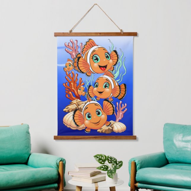 Tapisserie Suspendue Clown fish Cartoon cute Family Underwater (Salon)
