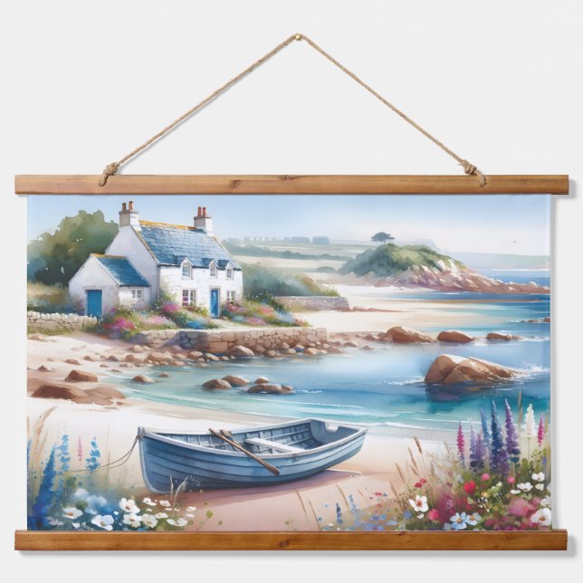 Tapisserie Suspendue Coastal Cottage Seaside Rowboat Bloom (Devant)