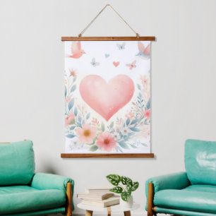 Tapisserie Suspendue Cœur d'aquarelle douce Amour Fleurs Oiseaux