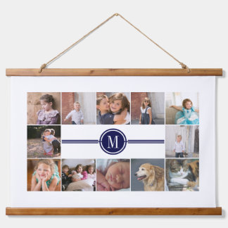Tapisserie Suspendue Collage photo de 12 photos bleu marine monogramme