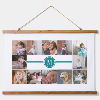 Tapisserie Suspendue Collage photo de 12 photos turquoise monogramme bl